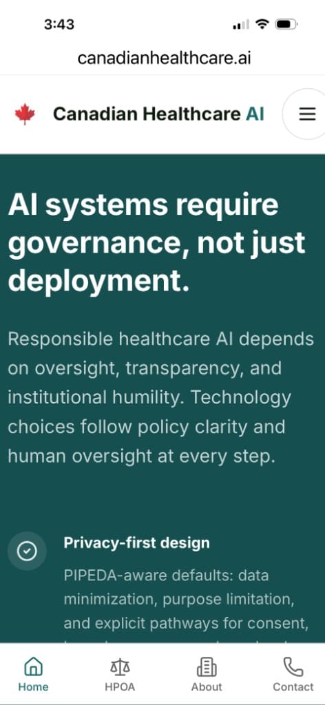 Canadian Healthcare AI governance and privacy-first design screen.
