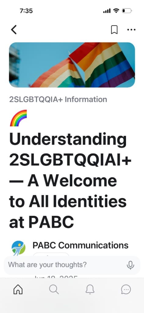 PABC Communications app screen on inclusion and identity.